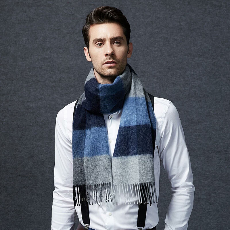 Soft Wool Scarves Black Gray Blue Plaid Men's Winter Scarf